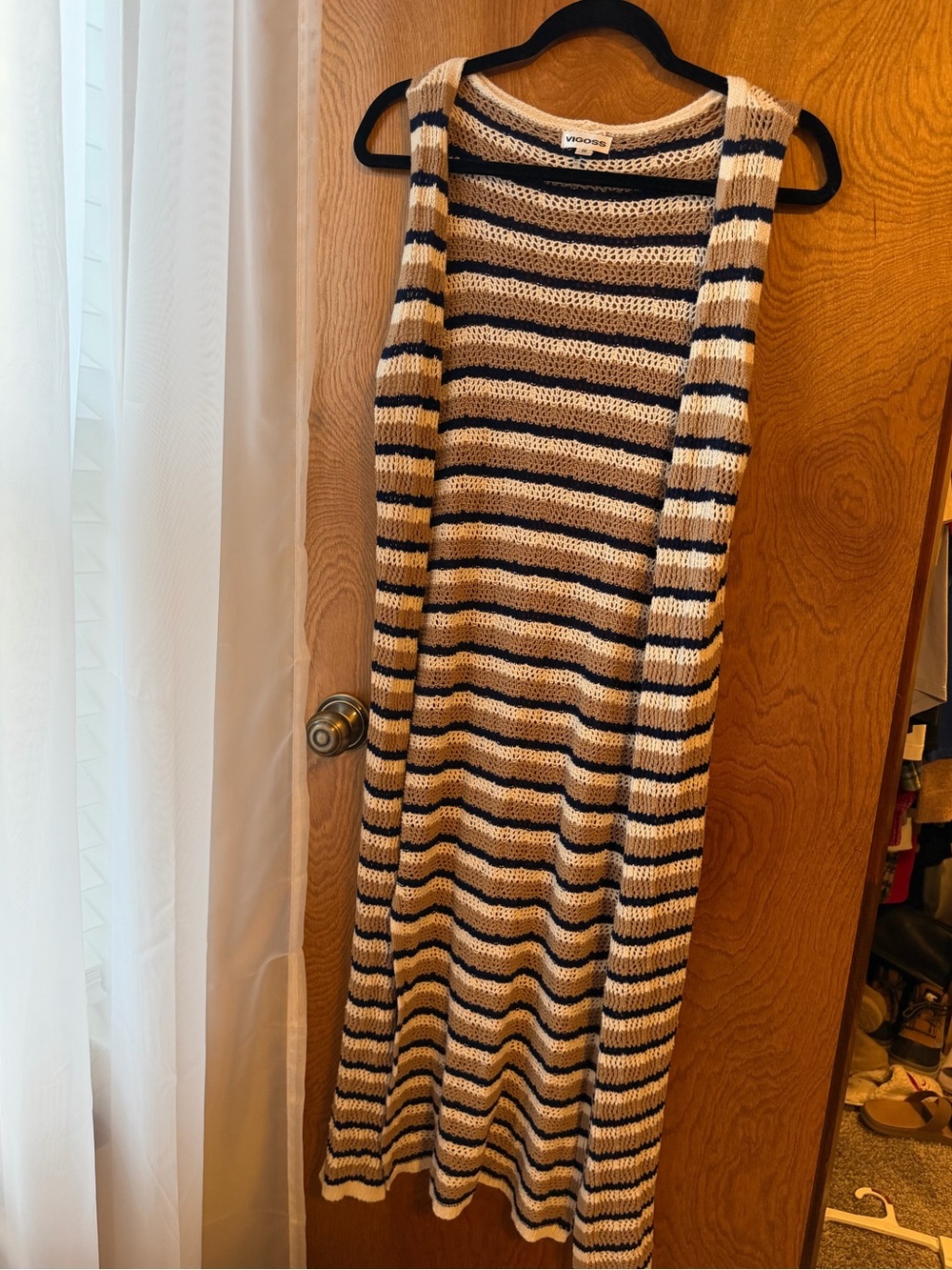 Striped Knit Sleeveless Duster - Beige & Navy
